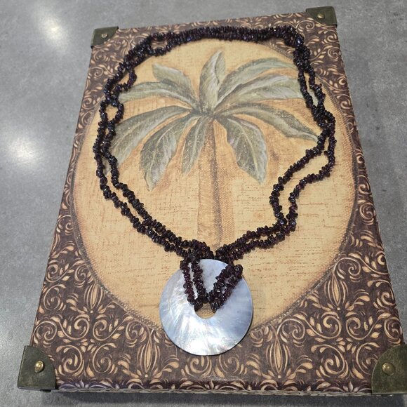 Women's Purple Beads Statement Necklace w/Donut Hole M-O-P Shell Pendant - Picture 10 of 14